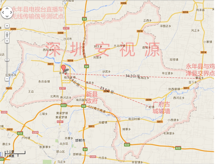 永年縣電視臺在地圖中的位置以及永年縣版圖內各信號測試點位置，以及永年縣電視臺直播車無線傳輸信號測試點